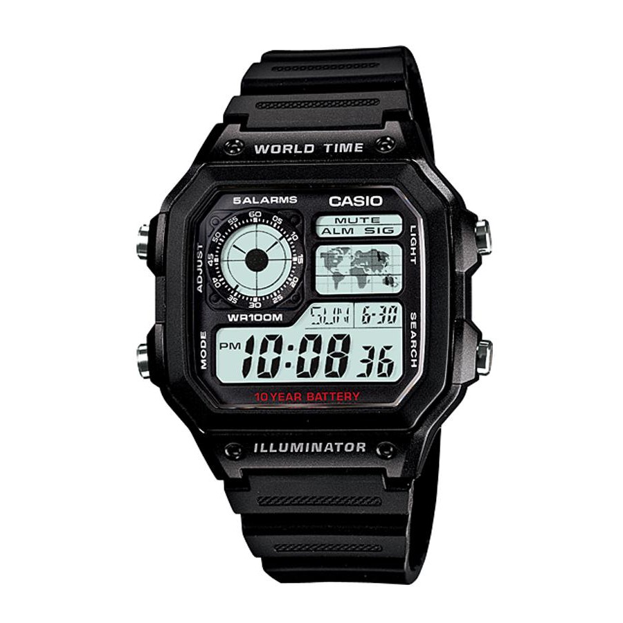 Casio Standard นาฬิกาข้อมือผู้ชาย สายเรซิ่น รุ่น AE-1200,AE-1200WH,AE-1200WH-1A - สีดำ