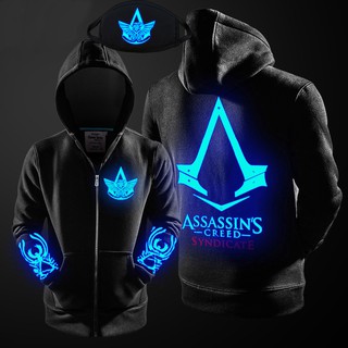 🤴เสื้อฮู้ดกันหนาวสีดำ ลายสัญลักษณ์ ASSASSINCREED SYNDICATE (เรืองแสง) ฟรีผ้าปิดปาก⚔