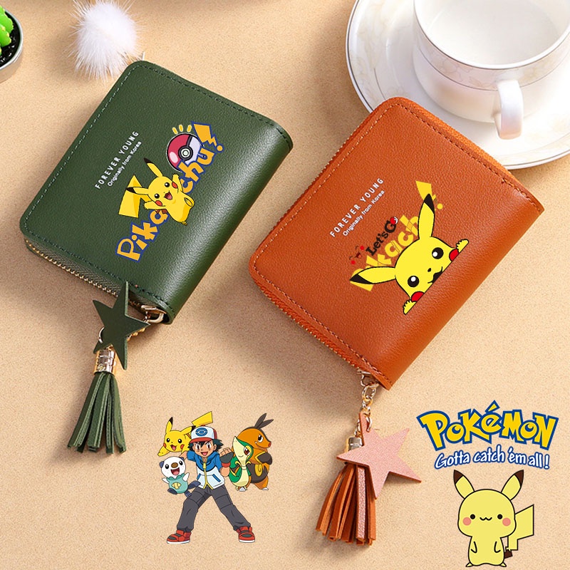 กระเป๋าสตางค์ ใบสั้น แต่งพู่ ลายโปเกม่อน ปิกาจูน่ารัก มีซิป ขนาดเล็ก ใส่เหรียญได้