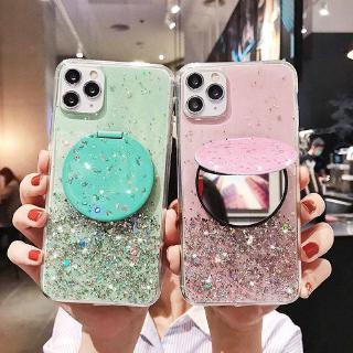 Drop-resistant Casing For Huawei Mate 9 10 20 20X 30 Pro Silicone Transparent Glitter+ Makeup mirror Style Phone Back Case+Stand QH 04