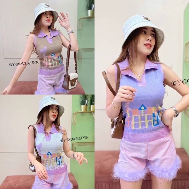 🌈SpinnyHouse🌈 เสื้อกล้ามครอป คอโปโล💕ผ้าไหมพรม✅ คอปก❤️ บัวฝัน B102C B-014-1-B