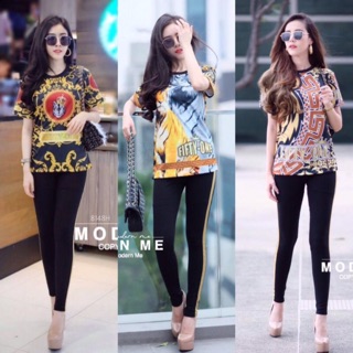 Set เสื้อแขนสั้นพิมพ์ลายดิจิตอล+กางเกงเลคกิ้งแถบทอง (8148)