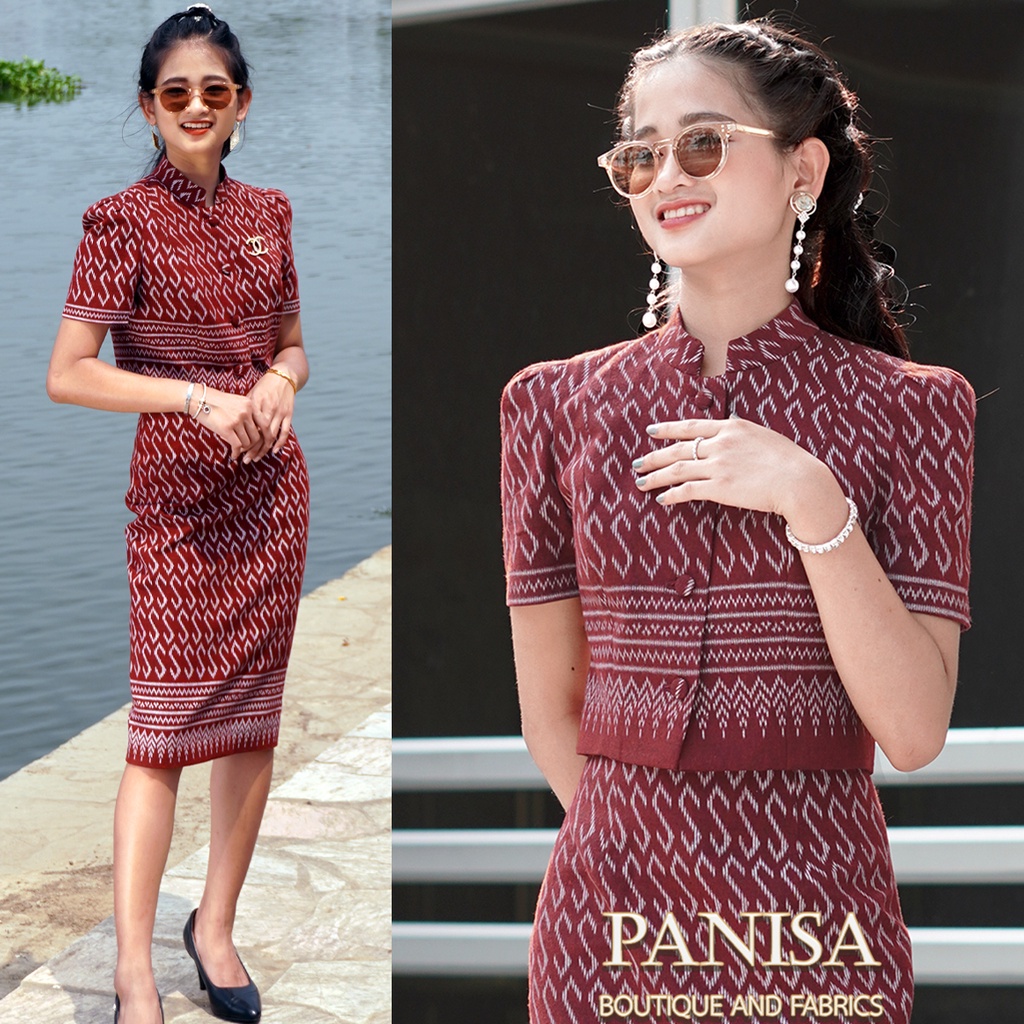 แบรนด์ PANISA ชุดทำงานผ้าไทย NO.4สีแดง จิตรลดาแขนสั้น