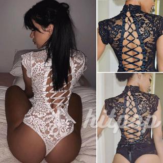 Women Erotic Bodysuits, Sexy Full Lace See Through Lingerie Cheongsam High Turtleneck Backless Hollow out Nightwear