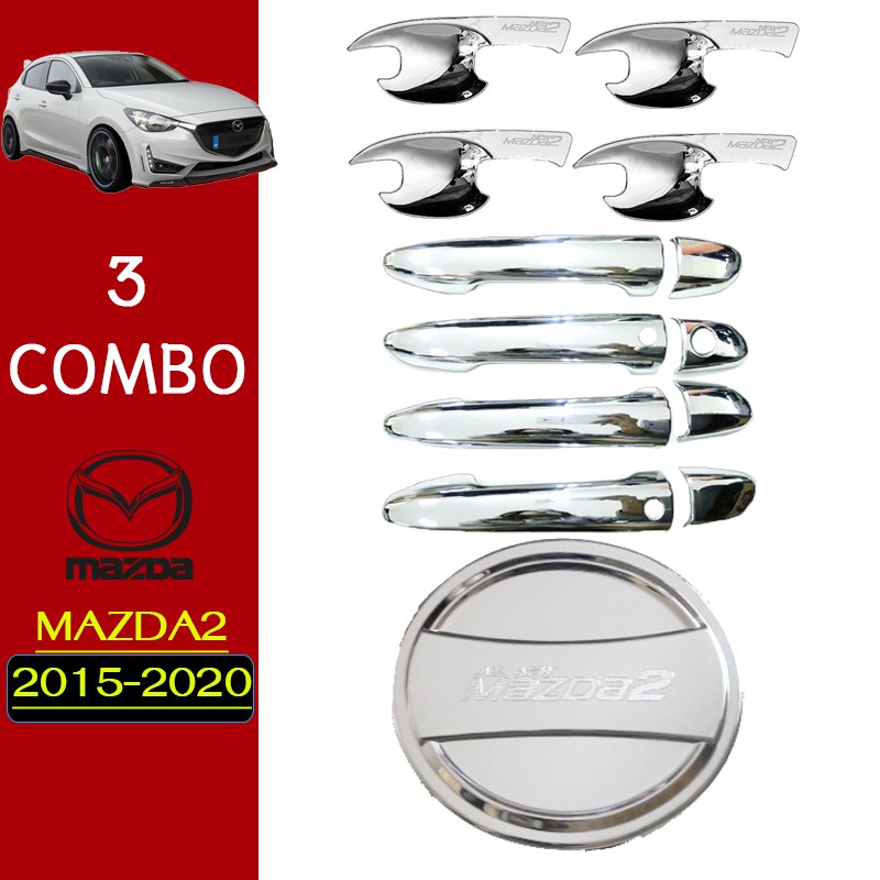 ชุดแต่ง Mazda2 2015-2019 เบ้าประตู,มือจับประตู,ฝาถัง ชุบโครเมี่ยม 4ประตู Mazda-2