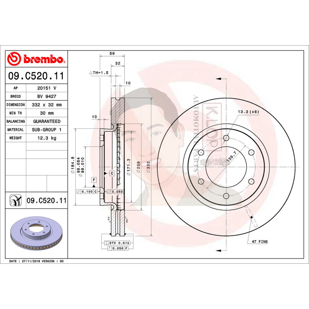 09 C520 11 จานเบรคหน้า 1 คู่ (ยี่ห้อ BREMBO) รุ่น Std FORD Everest ปี 2015->,RANGER RAPTOR (2.0)