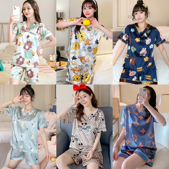 ชุดนอนแขน-ขาสั้น(M-3XL) ชุดนอนคอวีลายการ์ตูน ชุดนอนลายน่ารัก ชุดนอนผ้า ...
