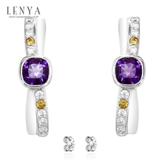 Lenya Jewelry ต่างหูประดับอะเมทิสต์แท้ (Amethyst)สีม่วงซิทรีนแท้(Citrine)สีเหลืองและเพชรDiamondLike ตัวเรือนเงินแท้