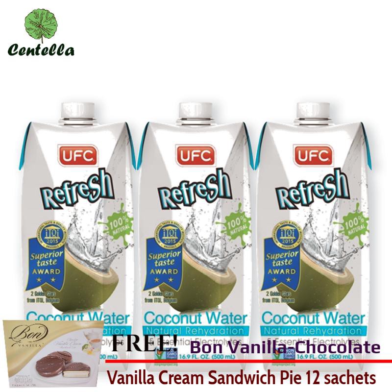 UFC REFRESH COCONUT 100% 500 ml x3 pc Free Bon Vanilla-Chocolate Vanilla Cream Sandwich Pie 12 sache