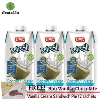 UFC REFRESH COCONUT 100% 500 ml x3 pc Free Bon Vanilla-Chocolate Vanilla Cream Sandwich Pie 12 sachets 240 gram