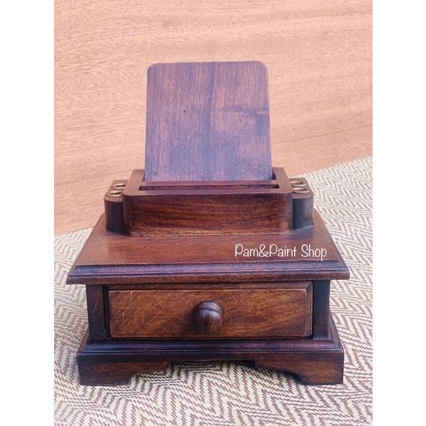 กล่องไม้สัก ที่วางโทรศัพท์ ที่เสียบปากกา มีลิ้นชัก ขนาด 13x16x18 cm.