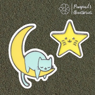 ʕ •ᴥ•ʔ ✿ พร้อมส่ง : เข็มกลัดเซ็ทแมวสีฟ้า,พระจันทร์และดวงดาว | Blue Cat, Moon &amp; Star Enamel Brooch Pin Set.