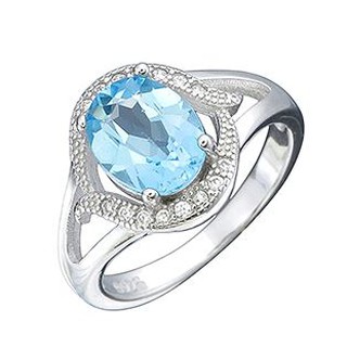 แหวนพลอยสวิสบลูโทพาส(Swiss Blue Topaz)สีฟ้าสดประดับด้วยเพชรรัสเซียCZ ตัวเรือนเงินแท้ 925 NA70