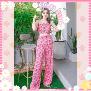 Plleats พร้อมส่ง ชุดอัดพลีท เซท 2 ชิ้น เสื้อ+กางเกง โทนสีชมพู ชุดสายเดี่ยว ชุดเซ็ต ลายการ์ตูน งานป้าย