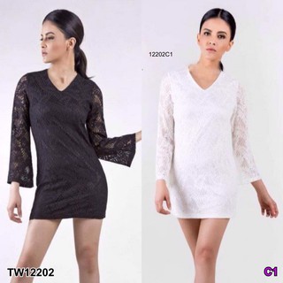 J12202 Dress เดรสสั้นแขนยาวลูกไม้ทั้งตัว