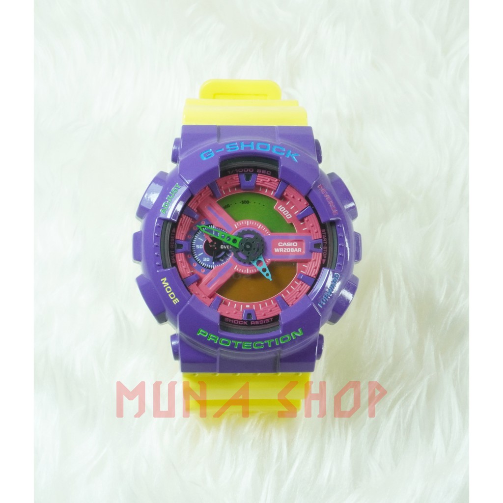 นาฬิกา CASIO G-SHOCK ของแท้ มือสองสภาพสะสมตั้งโชว์ ใหม่เอี่ยม สีม่วงชมพู สายเหลือง