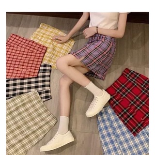 👘กระโปรงลายสก็อต ผ้าลื่น ผ้ายืด เอวสม๊อคด้านหลัง👘ไซส์S