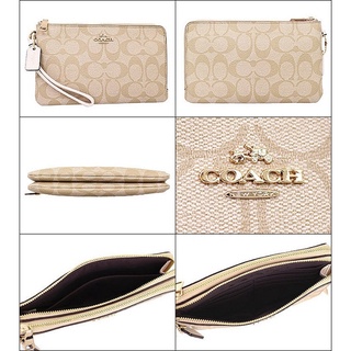 ของแท้ COACH F16109 DOUBLE ZIP WALLET IN SIGNATURE COATED CANVAS GOLD/LIGHT KHAKI/CHALK กระเป๋าสตางค์คล้องมือ 2 ซิบ