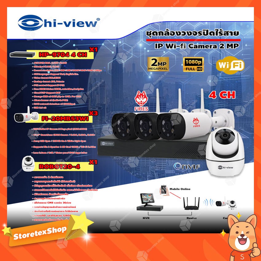 ชุดกล้องวงจรปิด Hi-view IP Wi-fi Camera 2MP รุ่น ROBOT20-4 (1ตัว) + FIRES รุ่น FI-30MB53WI 3ตัว) + N