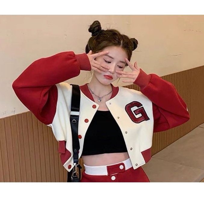 G เสื้อแจ็คเก็ตครอปเบสบอล | เสื้อสเวตเตอร์สไตล์เกาหลี | เสื้อผ้าผู้หญิง | วัสดุผ้าฟลีซแบบหนา | เสื้อแจ็คเก็ตตัวแทน
