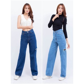 WOW Jeans: กางเกงยีนส์ ขาใหญ่กรีดข้าง ยาวกรอมเท้า มี2สี บลูยีนส์เข้ม บลูยีนส์ซึด  ไซส์ S25 M27 L29 XL31