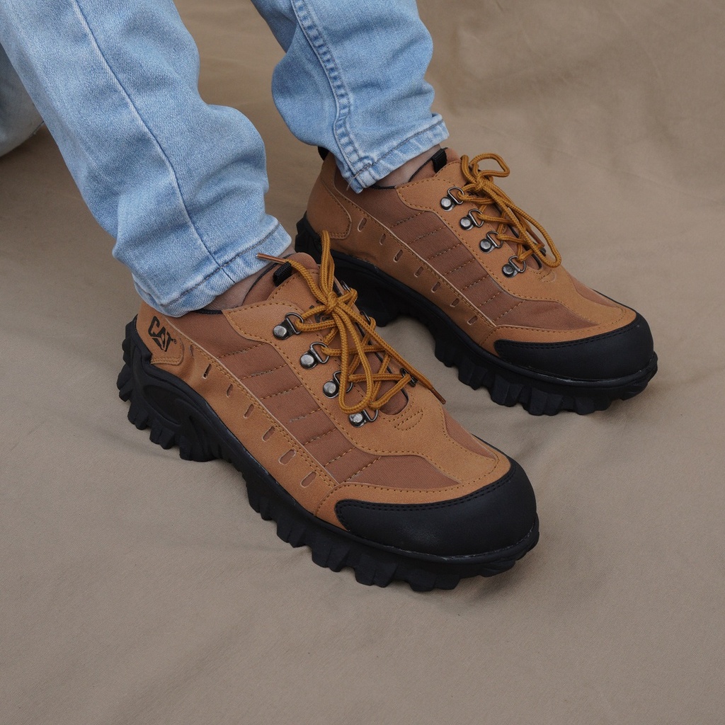 Hitam Men& 39;s SHORT SAFETY BOOTS CATERPILLAR BULDZER LOW PREMIUM BLACK TAN GREY