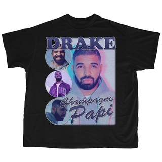 HOT SALINGเสื้อยืดผ้าฝ้ายเสื้อยืดผ้าฝ้ายคอกลมแขนสั้นสีดําคลาสสิกพิมพ์ Drake Champagne Papi | Bootleg Rap S-5XL