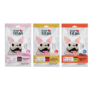 Great titan Snack ขนมสุนัขอายุ 3 เดือนขึ้นไป ขนาด 7 กรัม รสไก่และสตรอว์เบอร์รี่ / รสไก่และเวย์โปรตีน / รสแซลมอนรมควัน