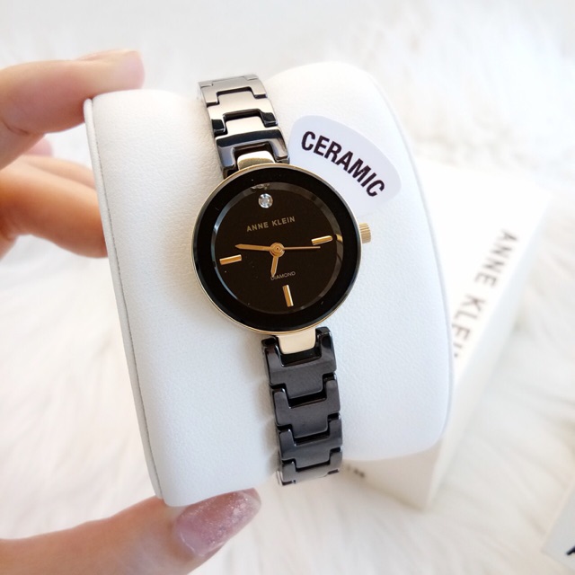 Anne Klein Women's Diamond-Accent Gold Tone Black Ceramic Bracelet Watch
