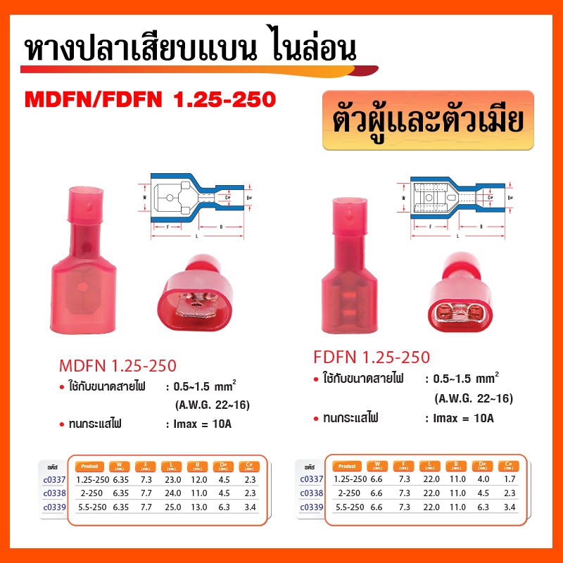 หางปลาเสียบแบน ไนล่อน MDFN 1.25-250 ตัวผู้+ตัวเมีย