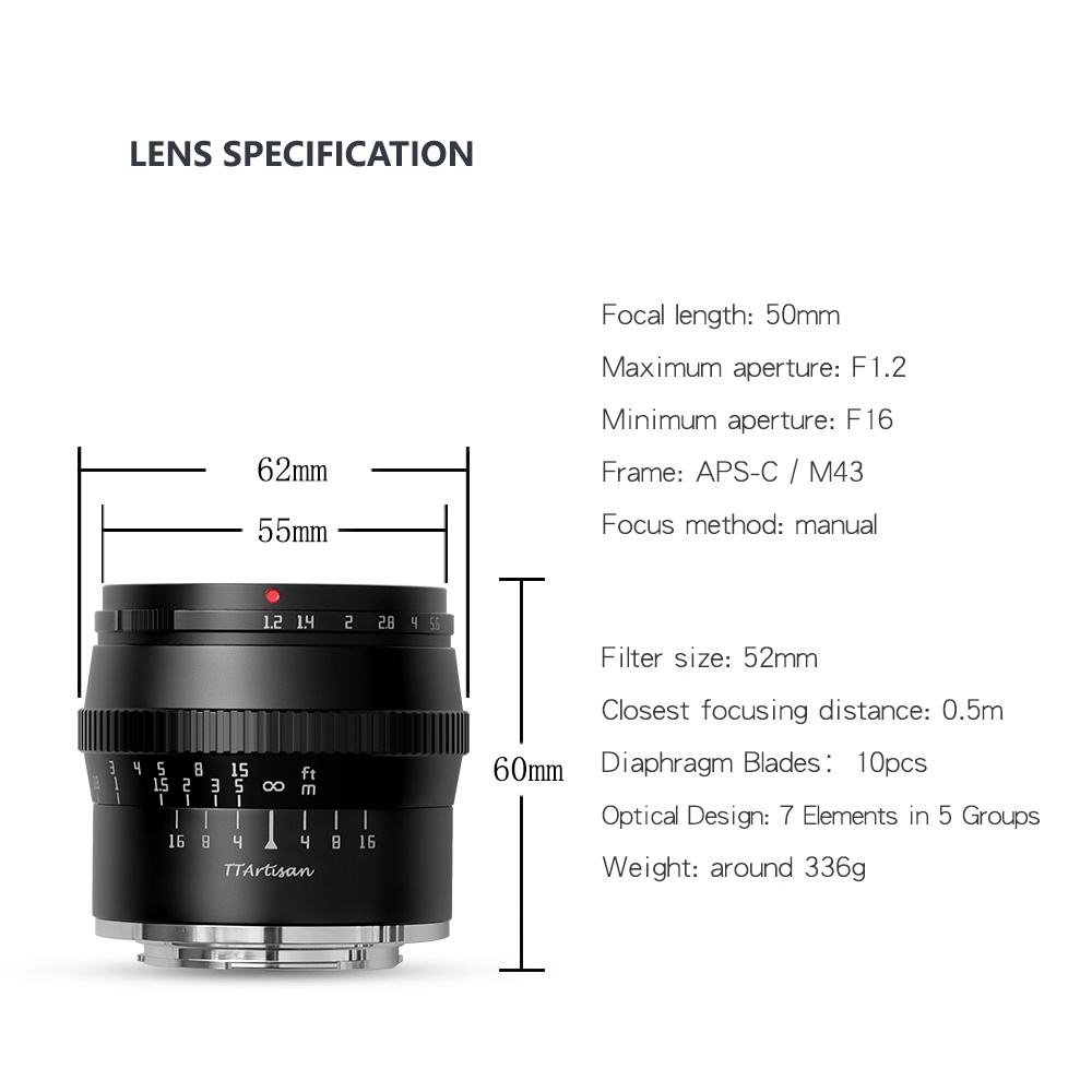 TTartisan 50mm F1.2 เลนส์โฟกัส รูรับแสงขนาดใหญ่ สําหรับกล้องไร้กระจก E0S-M NEX XF M43 - รูปที่ 2