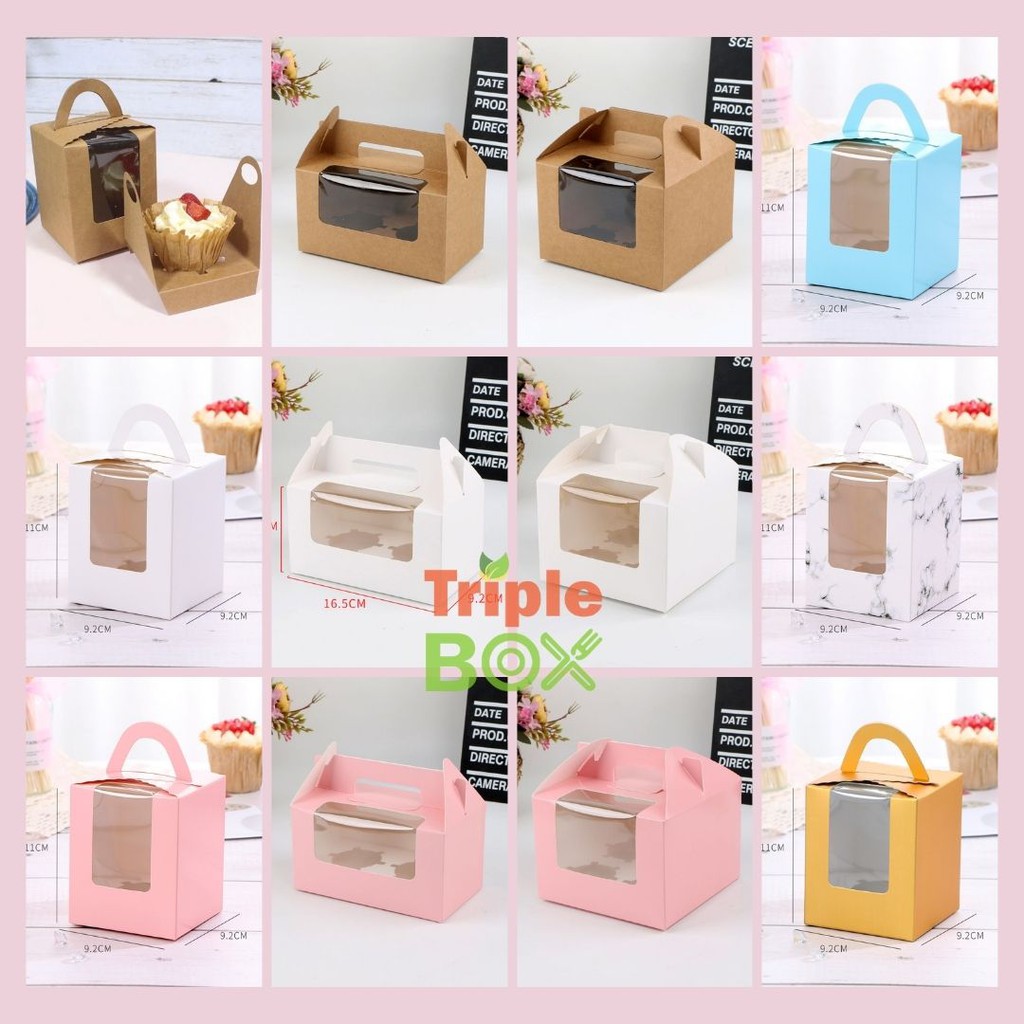 พร้อมส่ง (แพค 20/50 ใบ) กล่องคัพเค้ก 1/2/4/6 ชิ้น แบบมีหูหิ้ว แถมฟรีถาดใส่คัพเค้กภายในกล่อง