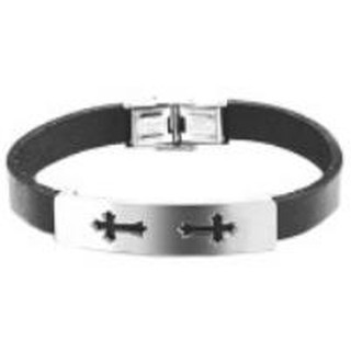 TANITTgems สร้อยข้อมือหนังแท้แต่ง Stainless steel ลายกางเขน - Black