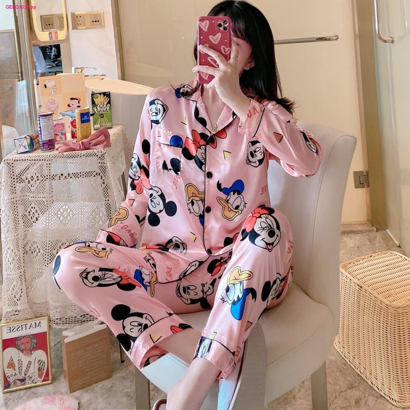 [พร้อมส่ง] ชุดนอนซาติน ชุดนอนแฟชั่น ชุดนอนแขนยาวขายาว ผ้าซาติน พิมพ์ลาย ...
