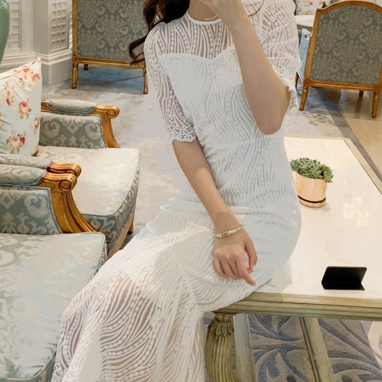 Hot sale # Strong texture jacquard white lace dress female 2021 new super fairy bubble sleeve long skirt #7