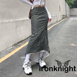 Ironknight-y2k กระโปรงยาวถึงข้อเท้า เอวสูง สีตัดกัน สําหรับผู้หญิง