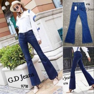 G.D.Jeans รุ่น 9718#กางเกงยีนส์ผ้ายืดเอวสูงสีเข้มขาม้าบานปลาย 💦💦