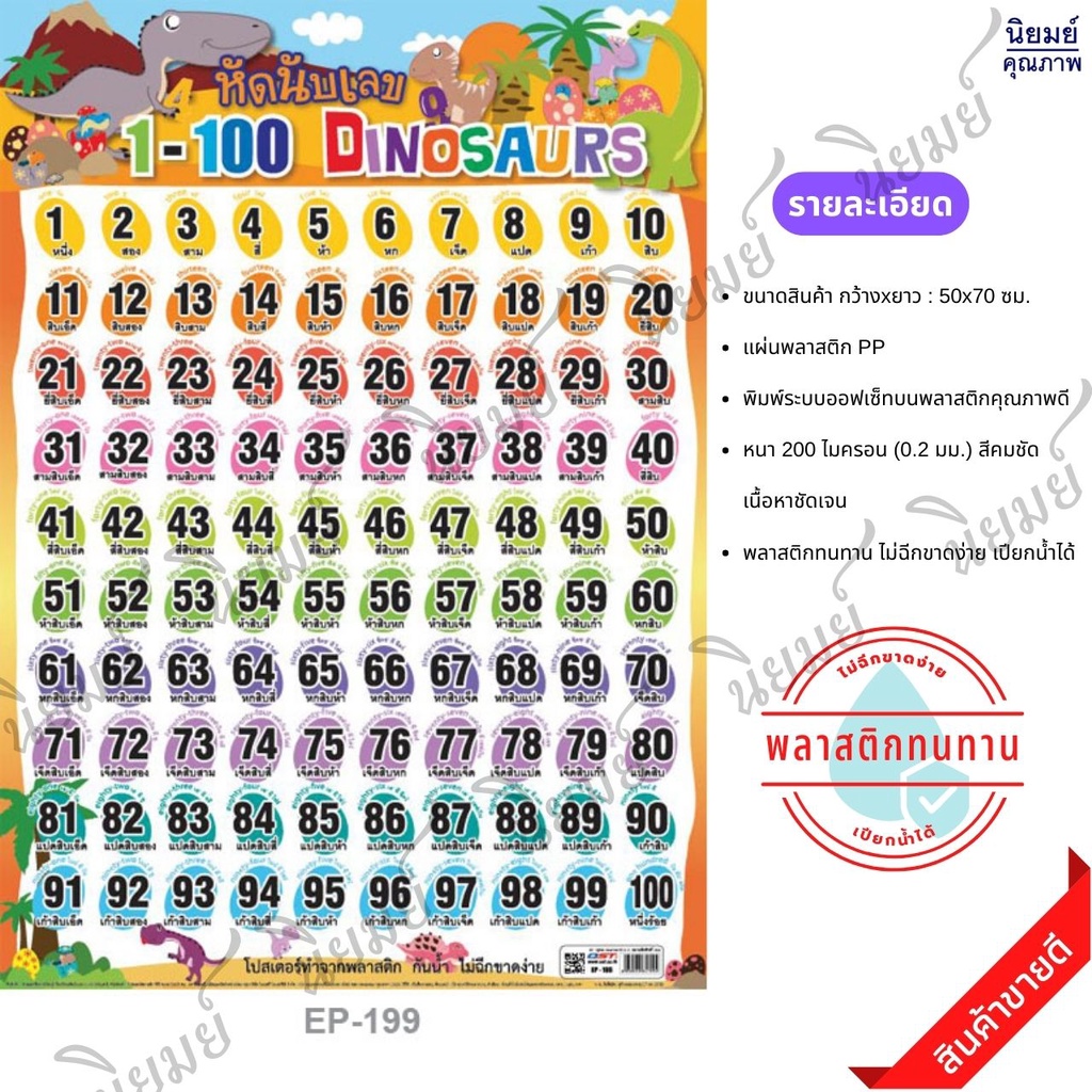 โปสเตอร์ เรื่องหัดนับเลข 1-100 ไดโนเสาร์ #EP-199 โปสเตอร์พลาสติก PP สื่อการเรียนการสอน สื่อการเรียนรู้