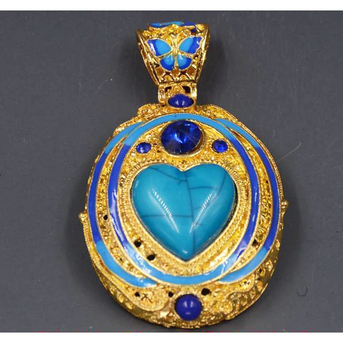 LARGE Handmade ทองเหลือง Cloisonne ฝังจี้สีเขียวขุ่น Lapis Lazuli