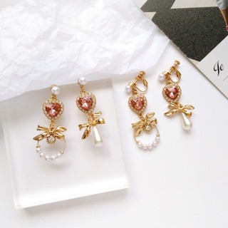 ต่างหูเจาะ/หนีบ หัวใจเพชรระย้า (พร้อมส่ง)