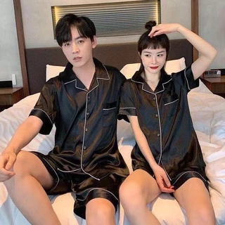 🍁2111🍁 ชุดนอนผ้าซาตินเสื้อแขนสั้น+กางเกงขาสั้น สีพื้น ไซส์ M-2XL ใส่ได้ทั้งชายและหญิง