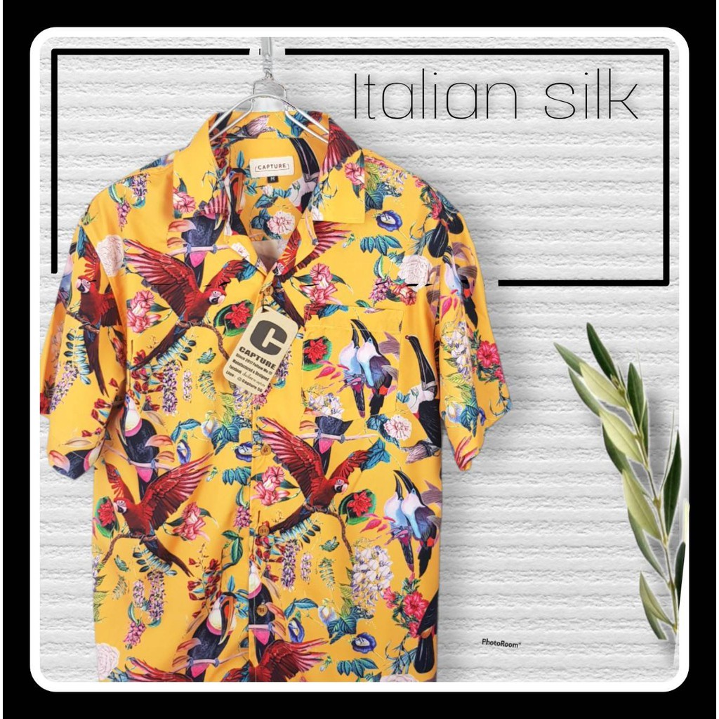 ⛱🐋 Hawaii Shirt เสื้อฮาวาย แนว THE TOYS ลายนกเงือก สีเหลืองมัสตาร์ด ⛱🐋 มีถึง อก 48"