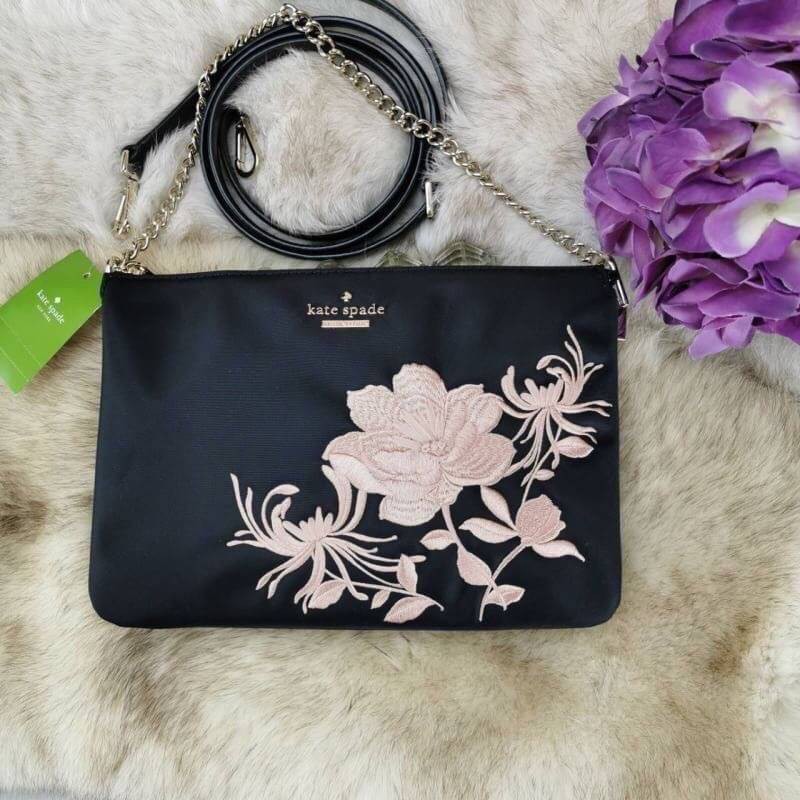 Kate Spade กระเป๋าสีดำ ลายดอกไม้ | Kate Spade Dawn Place Embroidered Floral Madelyne Black Pink Nylon Crossbody Bag