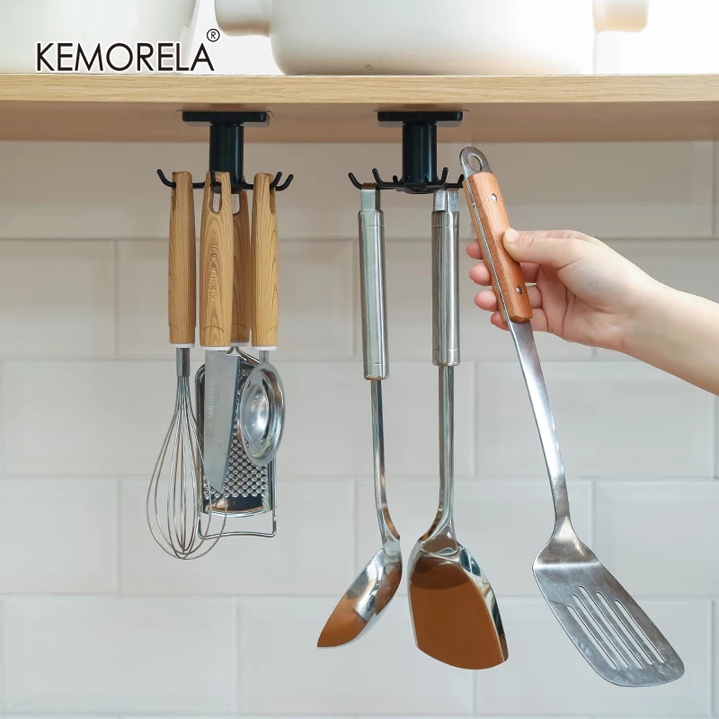 Kemorela ห้องครัว หมุนได้ ชั้นเก็บของ ตู้ ชั้นวางของ ตะขอแขวน มีกาวในตัว ที่เก็บของในห้องน้ํา ตะขอติดผนัง ห้องครัว ที่เก็บของในบ้าน อุปกรณ์