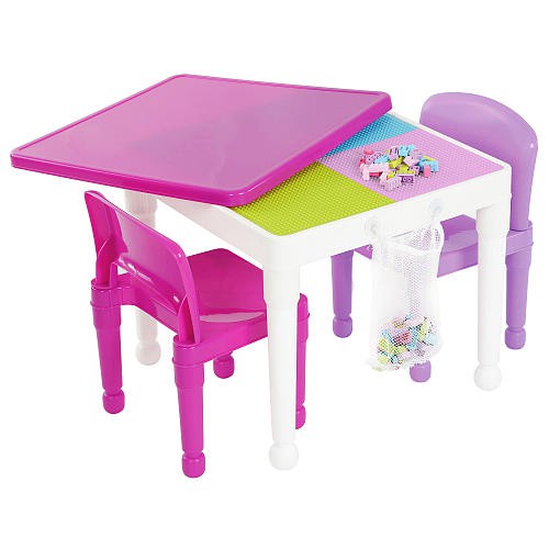 Tot Tutors 2-in-1 Pink Girls Plastic Building Block Compatible Construction Table and 2 Chairs Set ส