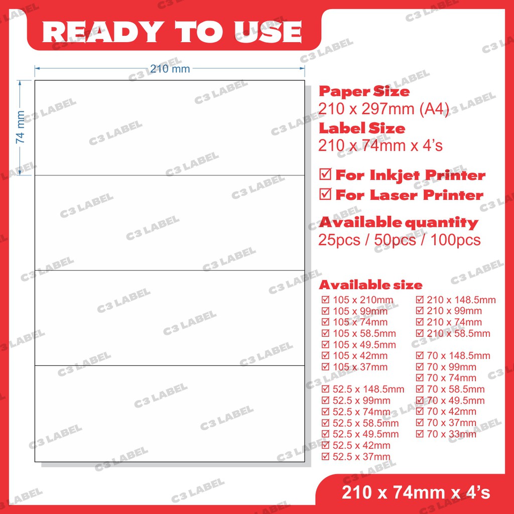 A4 Size Pre Cut Blank Sticker / A4 Blank Sticker - ( 210 x 74mm x 4s )