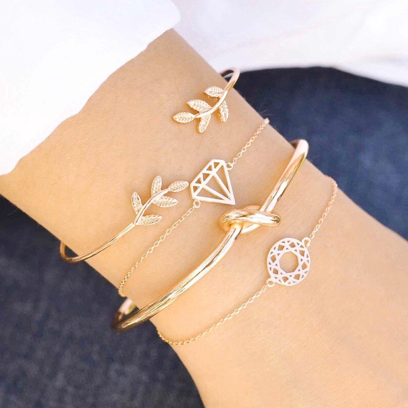 3Pcs Set Gelang  Bahan Alloy Model Daun Hollow Warna  Gold  