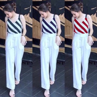 GN6606  **รบกวนสอบถามก่อนสั่งซื้อจ้า** Set 2 ชิ้น เสื้อสายเดี่ยวทรงคอปลายริ้วเฉียง
