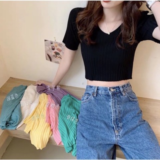 🔥พร้อมส่ง🔥 เสื้อครอปคอวีไหมพรม งานไหมพรมยืดได้