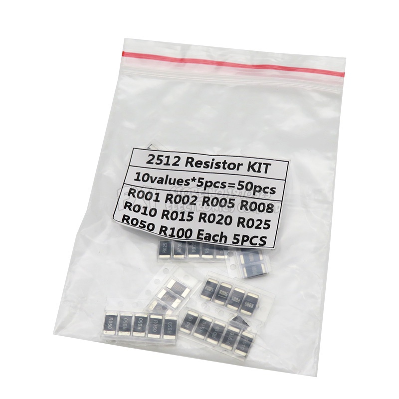 50PCS Alloy resistance 2512 SMD Resistor ตัวอย่างชุด,10 ชนิดX5pcs = 50pcs R001 R002 R005 R008 R010 R